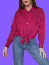 Charger l'image dans la galerie, Chemisier "Seconde" Camille - Rose fuchsia imprimé cachemire bleu. Taille L, 40, 42. Made in West Germany