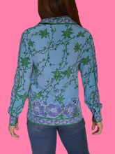 Charger l'image dans la galerie, Chemisier vintage Théa - En pure soie fleurie turquoise, vert et violet. Taille M, 38, 40. Furilio Percei. Made in Italy