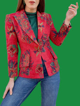 Charger l'image dans la galerie, Blazer vintage Joséphine - Jacquard fleuri rouge. Taille XS, 34, 36. Sassia - Calèche. Made in France.