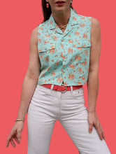 Charger l'image dans la galerie, Chemisette vintage Dorothée - Imprimé liberty turquoise et corail. Taille M, 38, 40. Decade Kiabi.