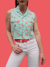 Charger l'image dans la galerie, Chemisette vintage Dorothée - Imprimé liberty turquoise et corail. Taille M, 38, 40. Decade Kiabi.