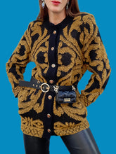 Charger l'image dans la galerie, Cardigan vintage Charline - Volutes moutarde et noir. Taille M, 38, 40.