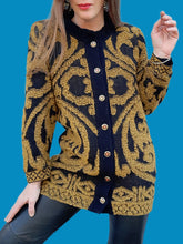 Charger l'image dans la galerie, Cardigan vintage Charline - Volutes moutarde et noir. Taille M, 38, 40.