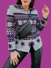 Charger l'image dans la galerie, Cardigan vintage Elvire - Flocons de neige et étoiles en laine. Taille M, 38, 40. Devernois