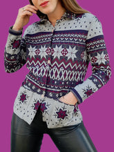 Charger l'image dans la galerie, Cardigan vintage Elvire - Flocons de neige et étoiles en laine. Taille M, 38, 40. Devernois