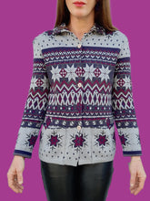 Charger l'image dans la galerie, Cardigan vintage Elvire - Flocons de neige et étoiles en laine. Taille M, 38, 40. Devernois