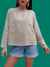 Charger l'image dans la galerie, Haut vintage Mia - Soie gris/beige chinée. Taille XL, 42, 44. Inscription Sonia Rykiel