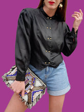 Charger l'image dans la galerie, Chemisier vintage Armance - Noir à double boutonnage. Taille M, 38, 40.