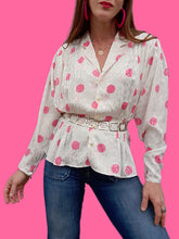 Charger l'image dans la galerie, Chemisier vintage Laure - Blanc à pois roses et flammes irisées. Taille M, 38, 40. Lenvol Paris. Made in France.