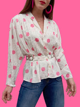 Charger l'image dans la galerie, Chemisier vintage Laure - Blanc à pois roses et flammes irisées. Taille M, 38, 40. Lenvol Paris. Made in France.
