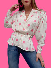 Charger l'image dans la galerie, Chemisier vintage Laure - Blanc à pois roses et flammes irisées. Taille M, 38, 40. Lenvol Paris. Made in France.