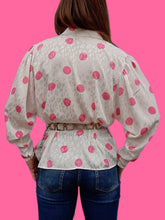 Charger l'image dans la galerie, Chemisier vintage Laure - Blanc à pois roses et flammes irisées. Taille M, 38, 40. Lenvol Paris. Made in France.