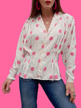 Charger l'image dans la galerie, Chemisier vintage Laure - Blanc à pois roses et flammes irisées. Taille M, 38, 40. Lenvol Paris. Made in France.