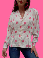Charger l'image dans la galerie, Chemisier vintage Laure - Blanc à pois roses et flammes irisées. Taille M, 38, 40. Lenvol Paris. Made in France.