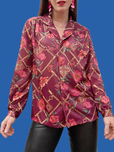 Charger l'image dans la galerie, Chemisier vintage Paula - Violet imprimé chaînes et fleurs. Taille S, 36, 38