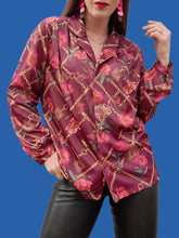 Charger l'image dans la galerie, Chemisier vintage Paula - Violet imprimé chaînes et fleurs. Taille S, 36, 38