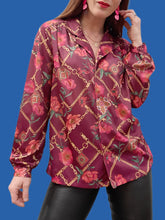 Charger l'image dans la galerie, Chemisier vintage Paula - Violet imprimé chaînes et fleurs. Taille S, 36, 38
