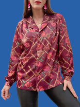 Charger l'image dans la galerie, Chemisier vintage Paula - Violet imprimé chaînes et fleurs. Taille S, 36, 38