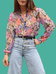 Chemisier vintage Victoria - Fleuri transparent. Taille M, 38, 40. Cousue main.