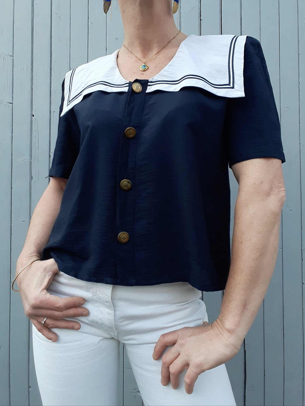 Chemisier marinière à col vareuse bleu marine et blanc. Taille M, 38, 40. Couleurs Vintage.