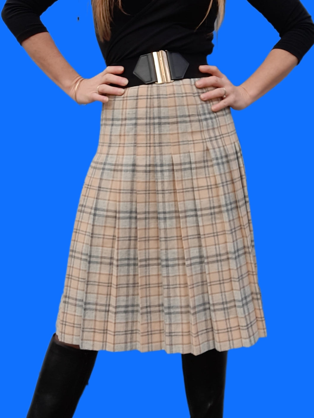 Jupe vintage Emiliene - Tartan beige et gris. Coupe midi plissée. Taille S, 36, 38.