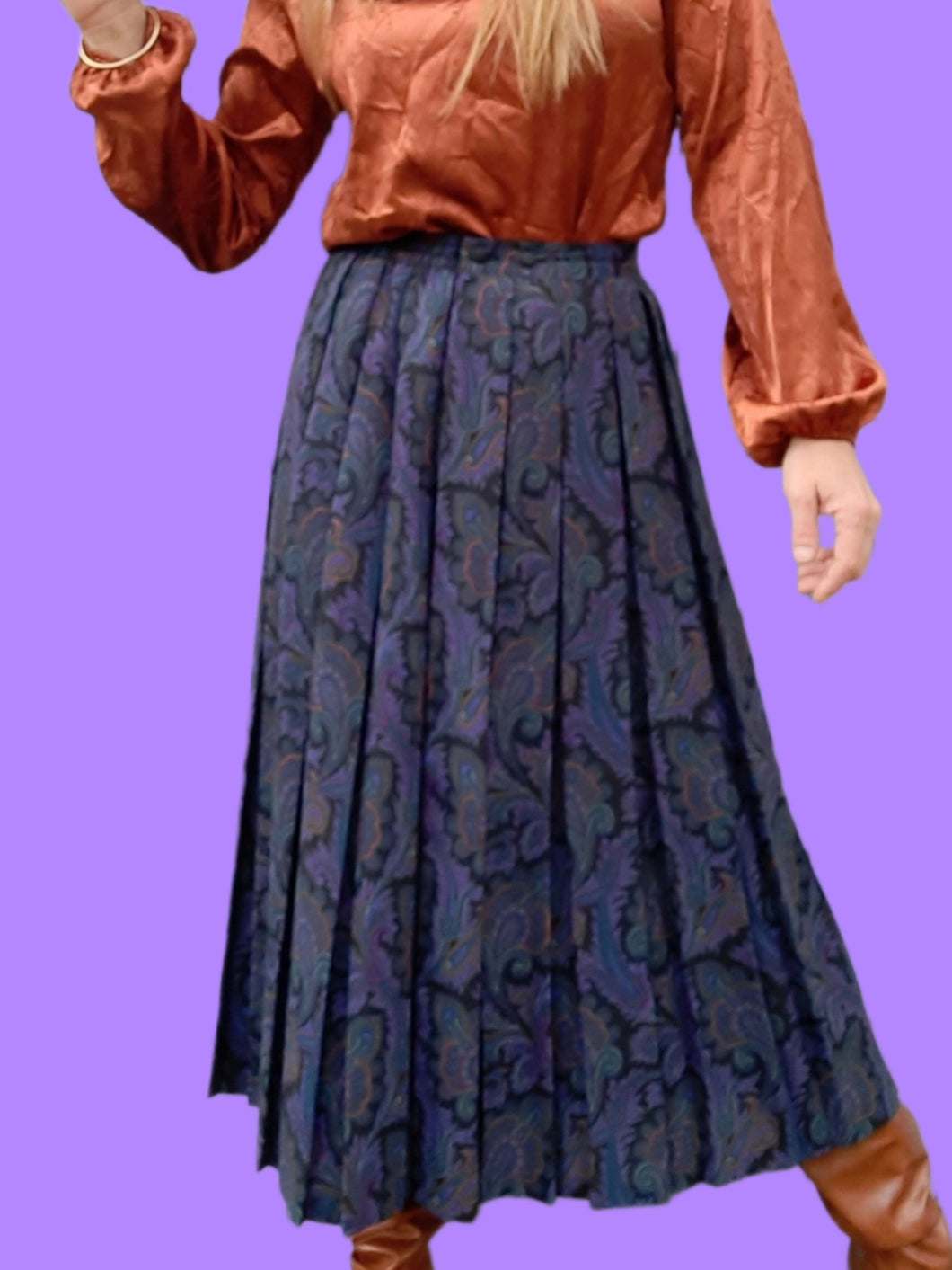Jupe vintage Jade - Imprimé Cachemire. Taille S ou 36, 38. Made in France. Plissée