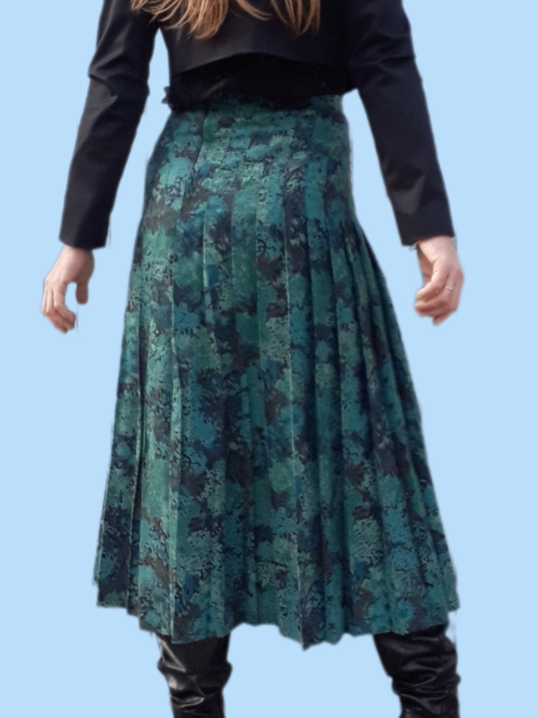 Jupe vintage Diane - Plissé Soleil à fleurs vertes. Taille XL, 42, 44