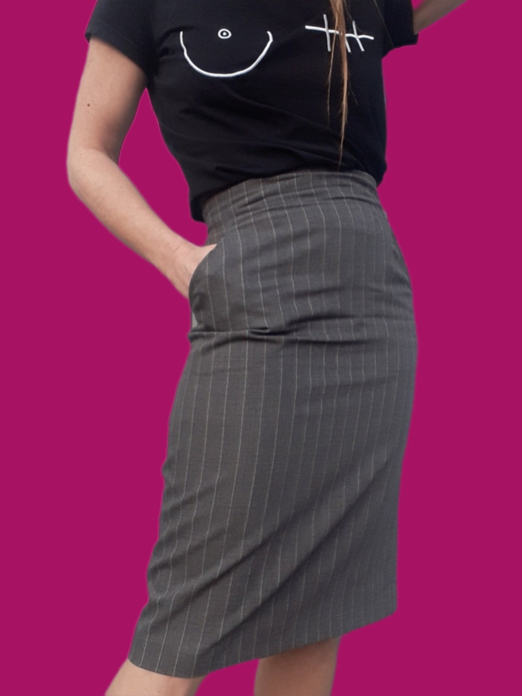 Jupe vintage Maria - Rayée grise. 100 % Laine Vierge. Taille S ou 36