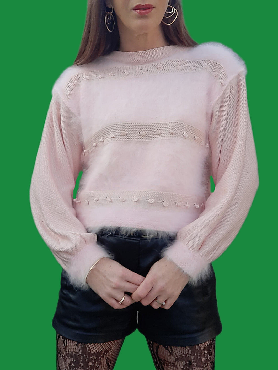 Pull vintage Charline - Laine et mohair rose. Taille M, 38, 40. Tricoté main.