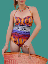 Charger l&#39;image dans la galerie, Maillot de Bain vintage Emmy - Imprimé ethnique. Taille M, 38, 40. Bonnet E. Feba.
