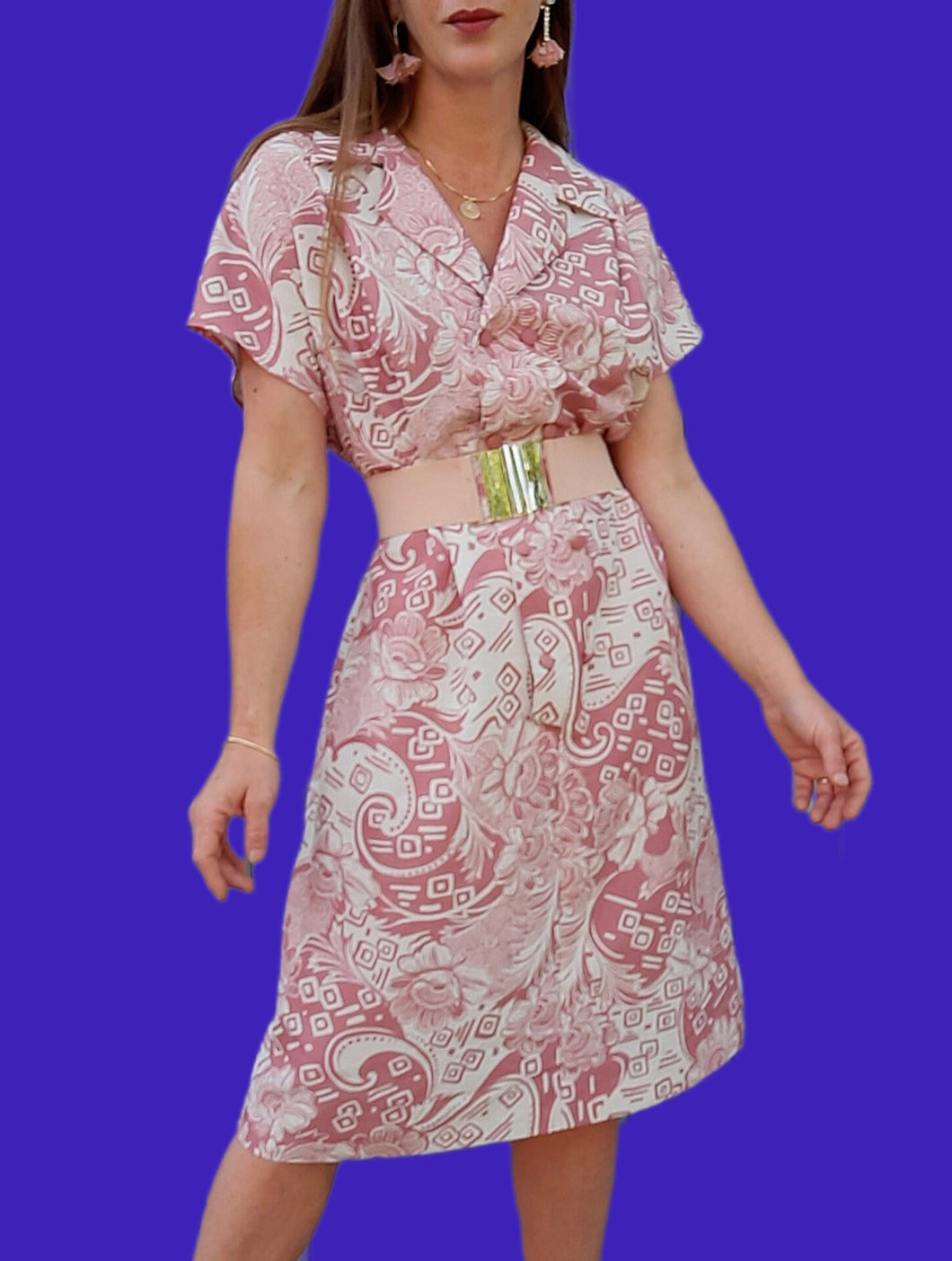 Robe vintage Nadia - Maxi paisley vieux rose, double boutonnage. Taille XL, 42,44