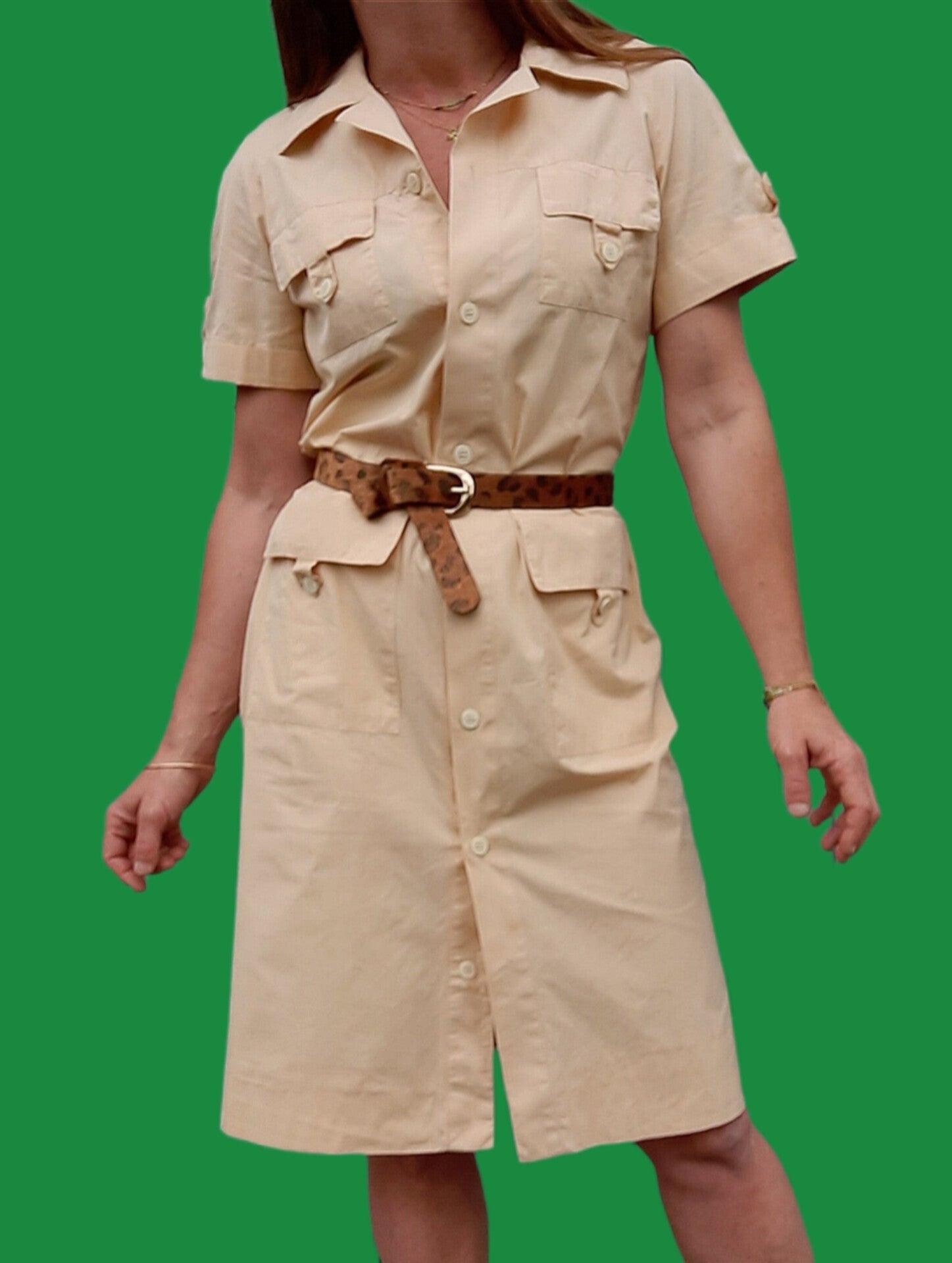 Robe vintage saharienne en coton beige saumoné. Taille S, 36, 38 ...