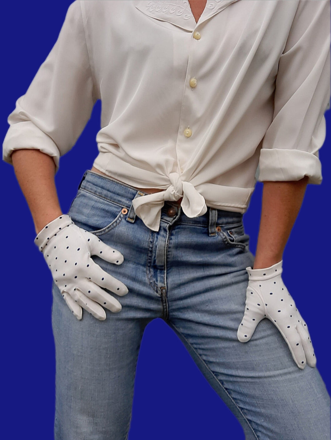 Gants vintage Lidy - Blanc à pois bleus. Taille 6,5