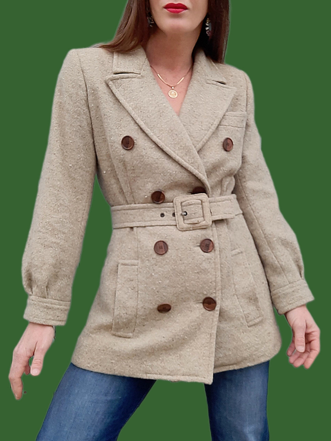 Manteau vintage Camille - Laine chinée beige. Taille S, 36, 38. Yves Saint Laurent. Rive Gauche. Made in France .