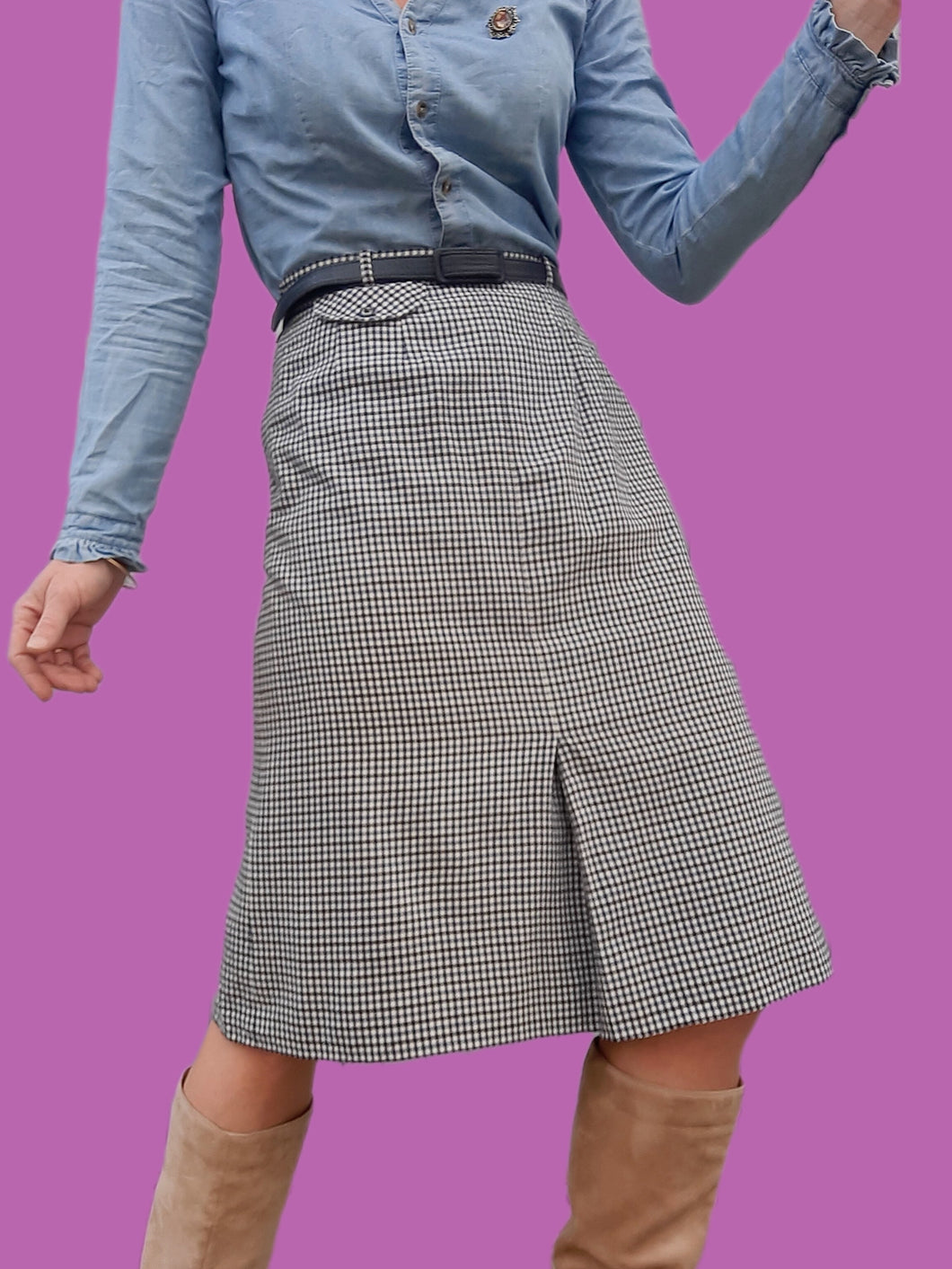 Jupe vintage Belinda - Pure laine et carreaux vichy bleus et blancs.Taille XS, 34, 36. Gor-Ray. Made in UK